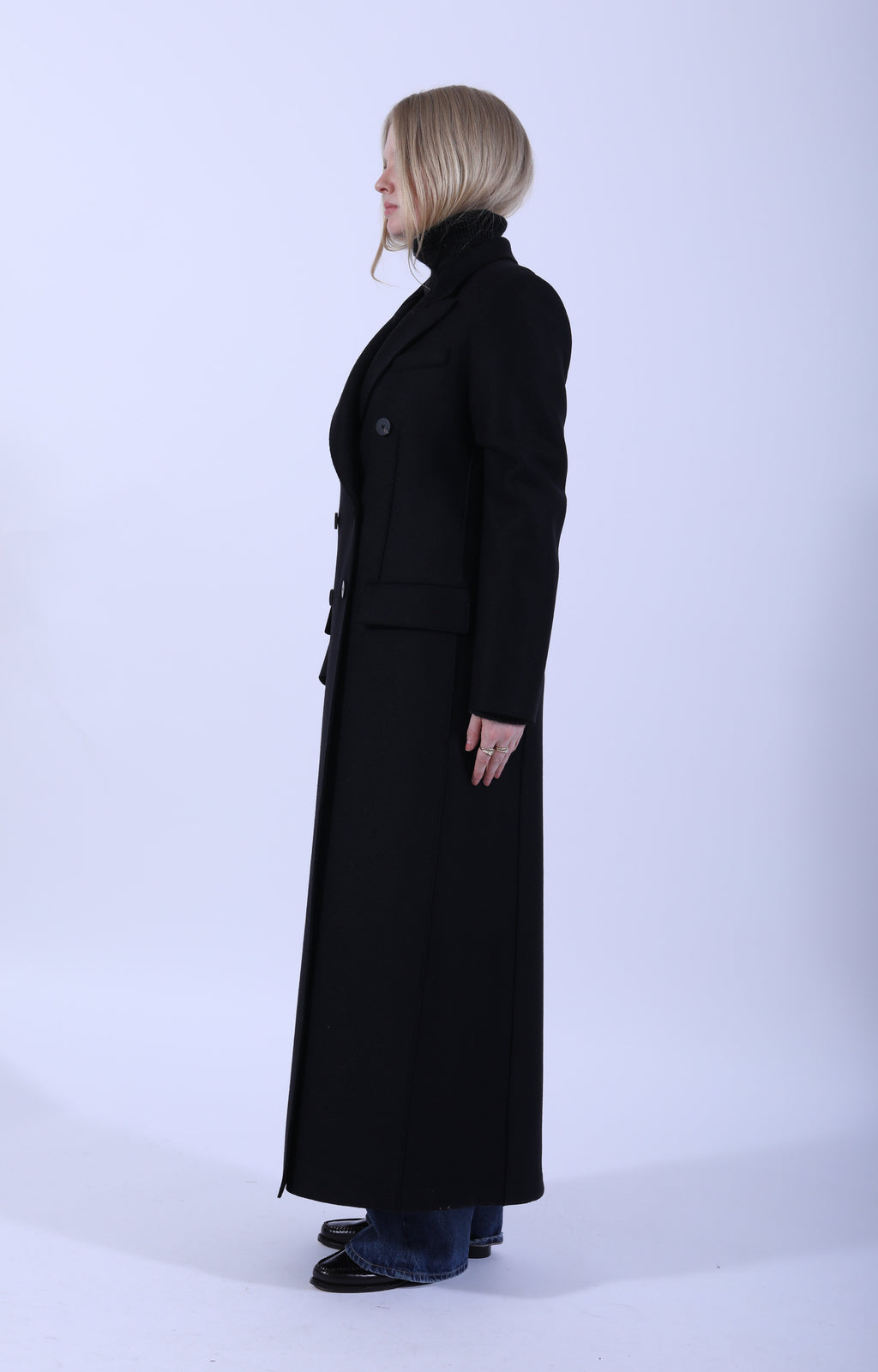 Long Double Breasted Tailored Coat Black