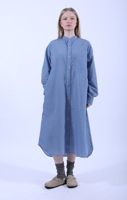 Baggy Fit Band Collar Shirt Dress Blue