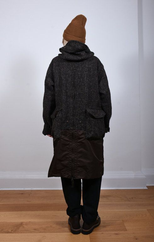 Dark Brown Polyester Wool Tweed Parka