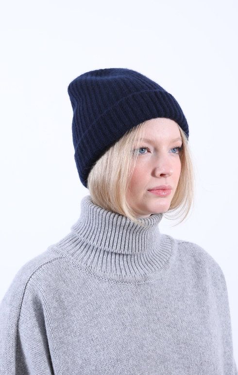 Cashmere Rib Beanie Nero Navy