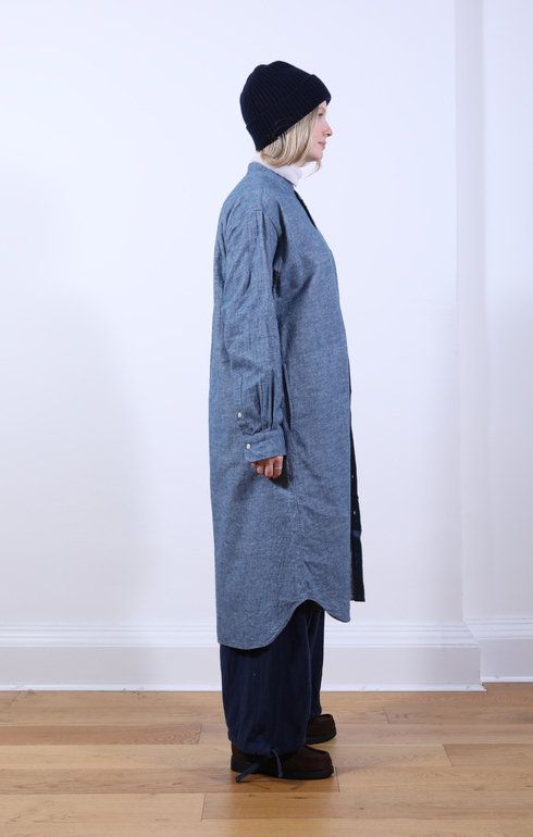 Baggy Band Collar Shirt Dress Blue