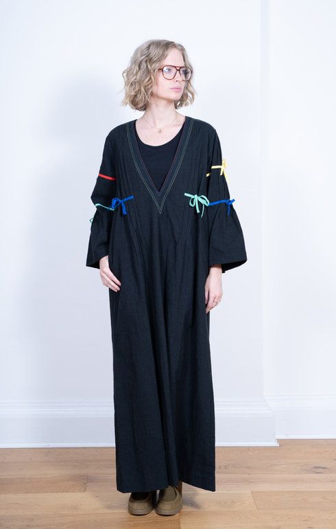 Color Tapes Long Dress Black