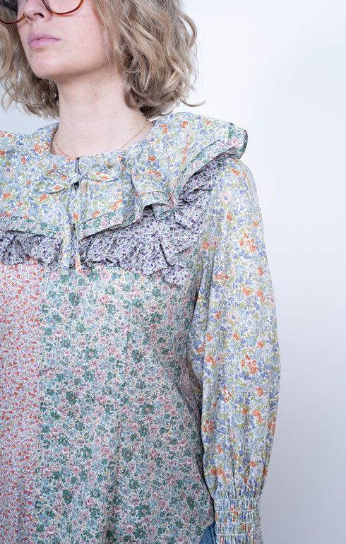 Frill Ribbon Blouse Flower Beige