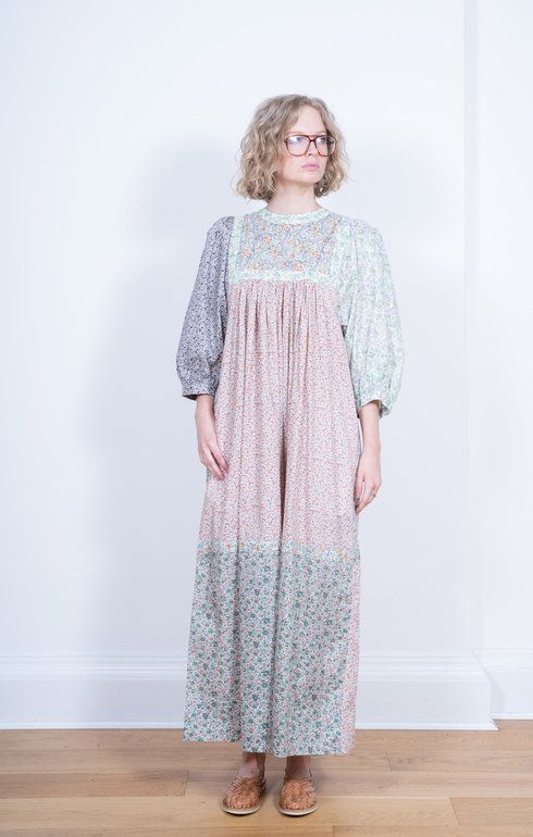 Puff Sleeve Long Dress Flower Beige