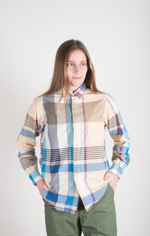 Short Collar Shirt Khaki Plaid
