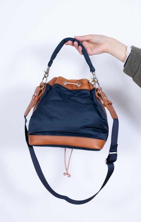 String Drawstring Bag Small Navy Nylon & Leather