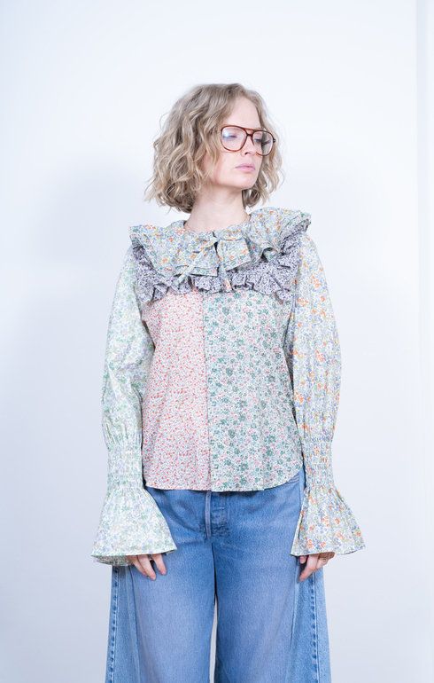 Frill Ribbon Blouse Flower Beige