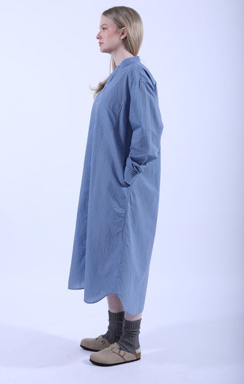 Baggy Fit Band Collar Shirt Dress Blue