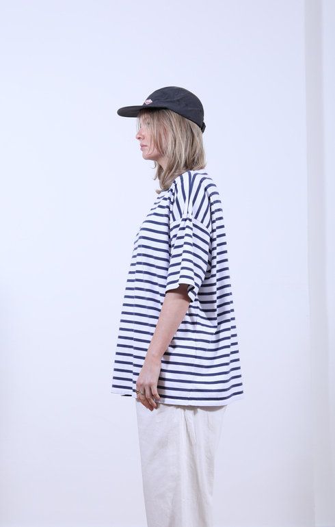 Boat Neck Half Sleeve Shirt Stripe Navy