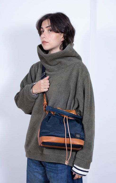 String Drawstring Bag Small Navy Nylon & Leather