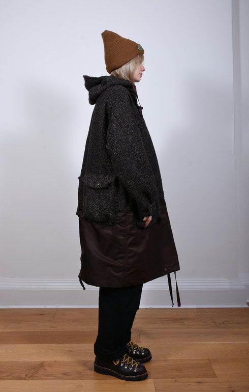 Dark Brown Polyester Wool Tweed Parka