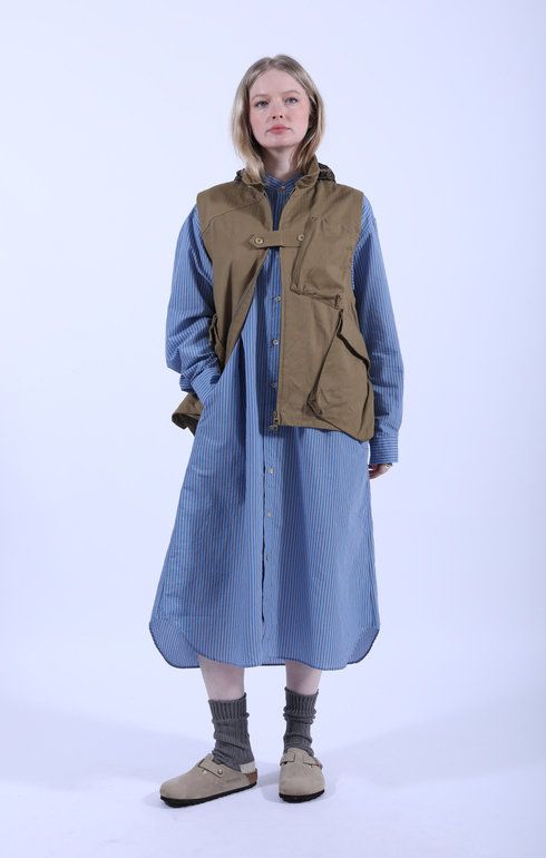 Baggy Fit Band Collar Shirt Dress Blue