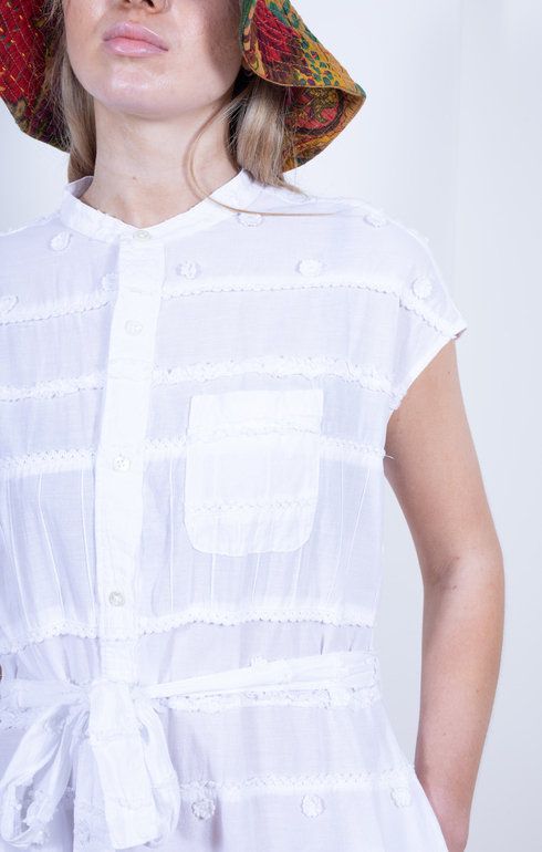 Banded Collar Dress White Patchwork