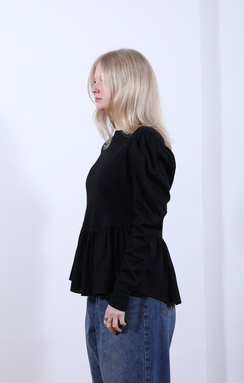 Ribbed Puff Sleeve Pullover Tee Black