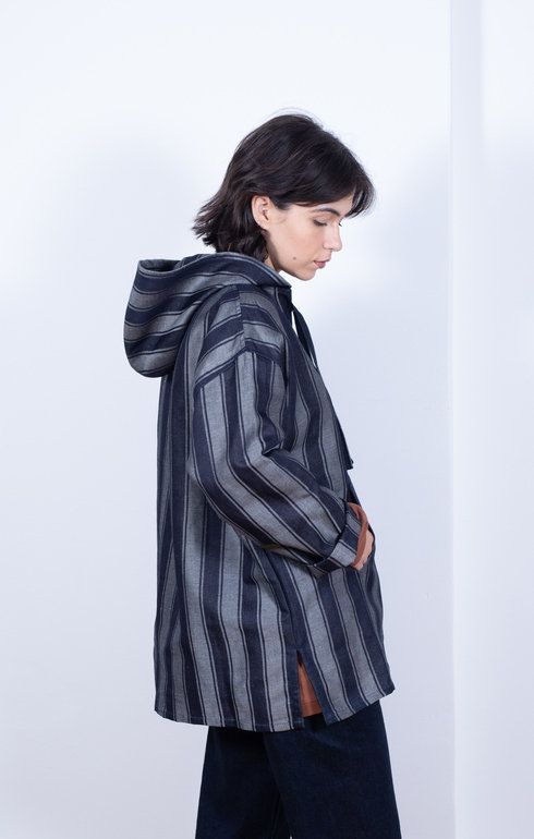 Japanese Woven Stripe Hoody Indigo