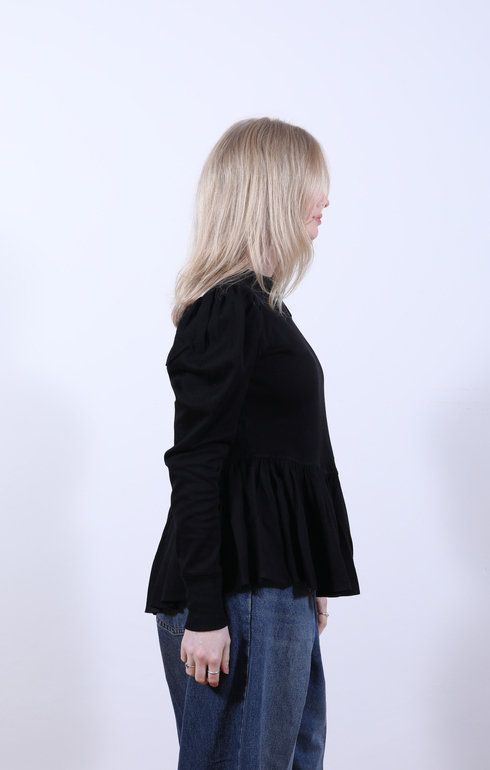 Ribbed Puff Sleeve Pullover Tee Black