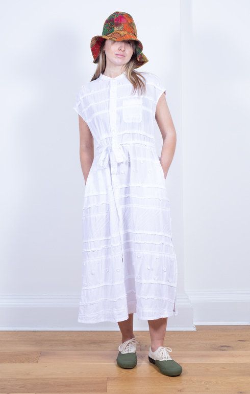 Banded Collar Dress White Patchwork