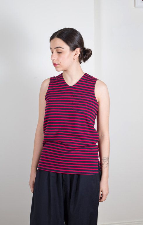 Red/ Navy PC Stripe U Neck Top