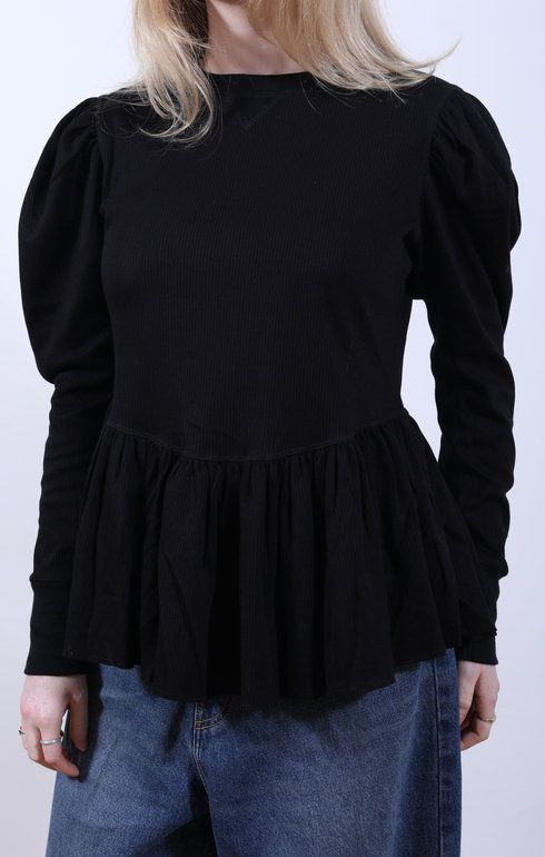 Ribbed Puff Sleeve Pullover Tee Black