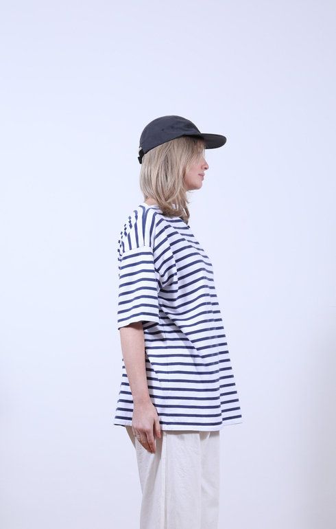 Boat Neck Half Sleeve Shirt Stripe Navy