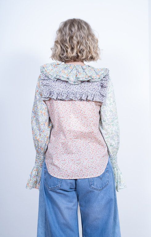 Frill Ribbon Blouse Flower Beige