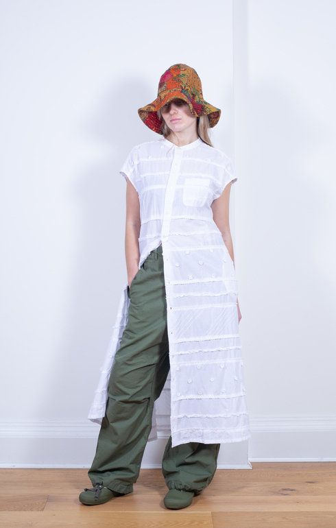 Banded Collar Dress White Patchwork