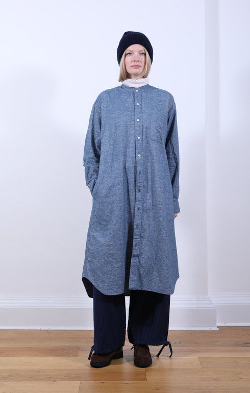 Baggy Band Collar Shirt Dress Blue