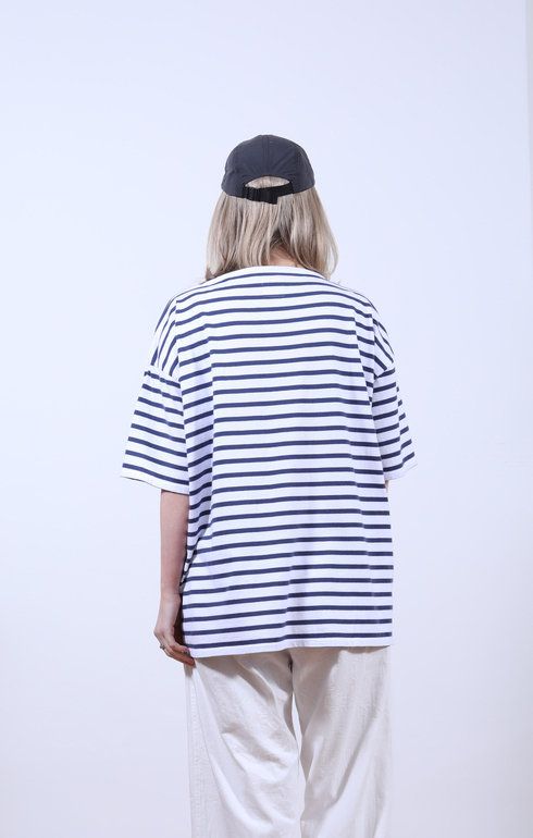 Boat Neck Half Sleeve Shirt Stripe Navy