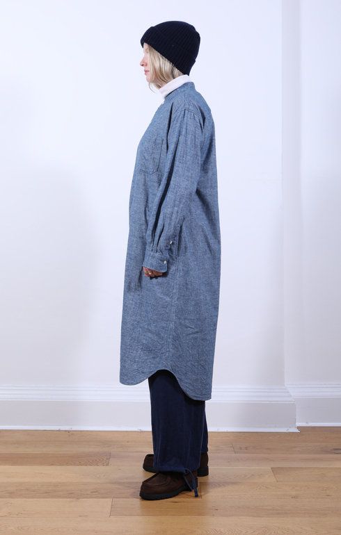 Baggy Band Collar Shirt Dress Blue