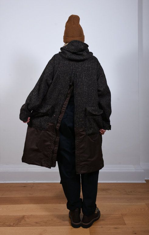 Dark Brown Polyester Wool Tweed Parka