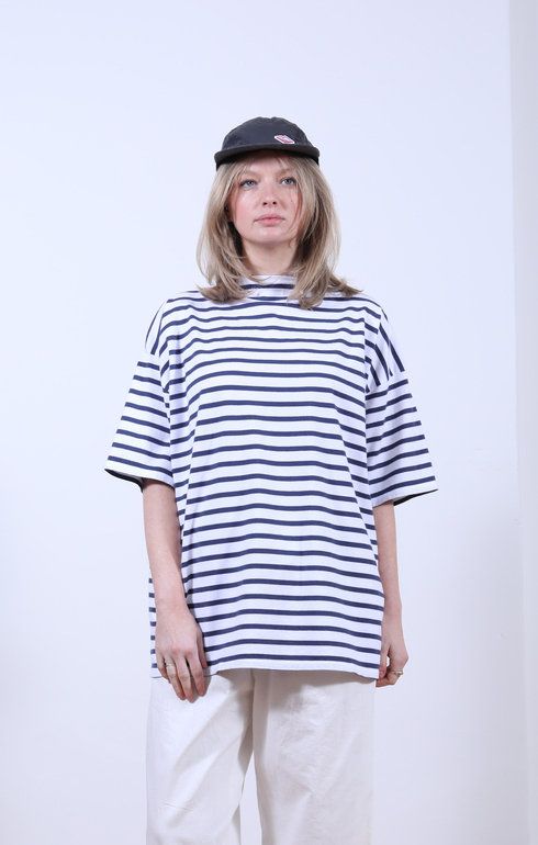 Boat Neck Half Sleeve Shirt Stripe Navy