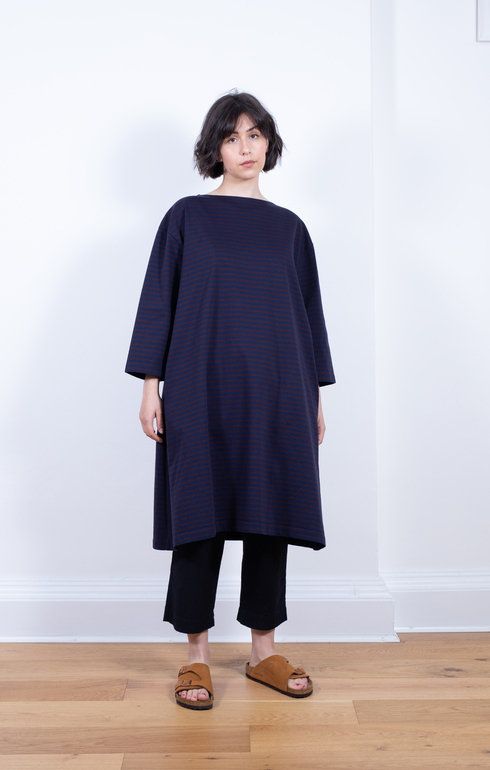 Basque T Dress Border Navy/Wine