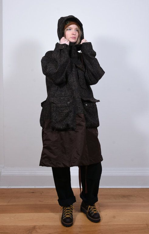 Dark Brown Polyester Wool Tweed Parka
