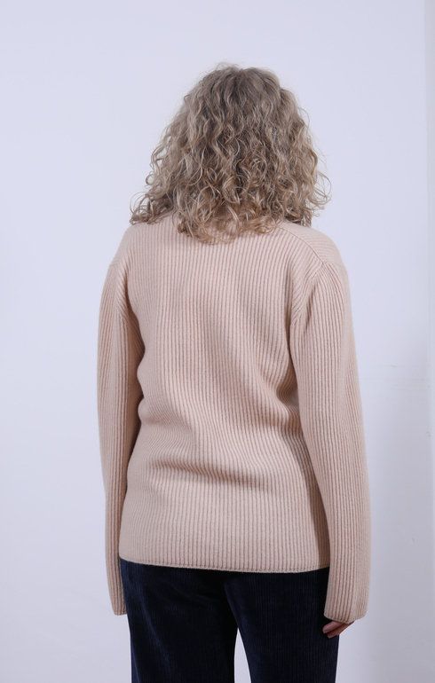Cashmere Wool Ribbed V-Neck Cream