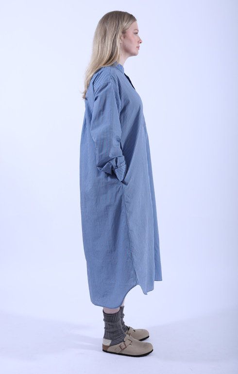 Baggy Fit Band Collar Shirt Dress Blue