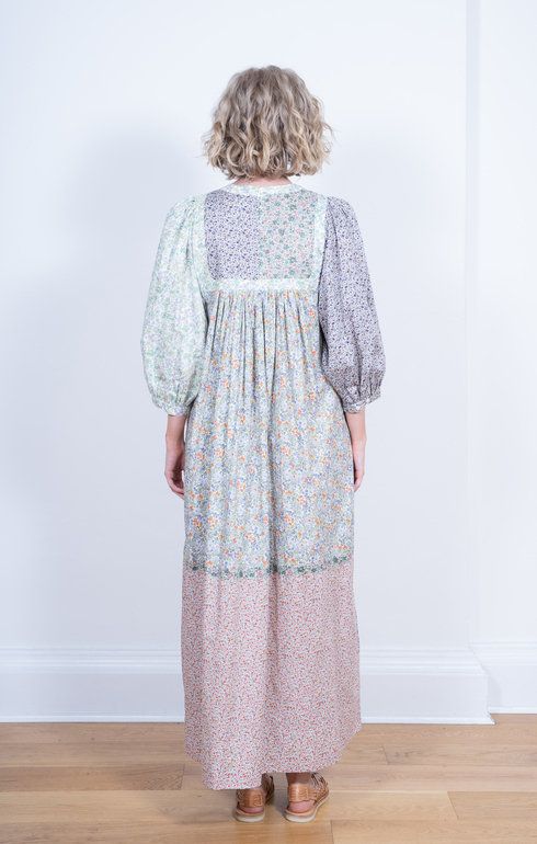 Puff Sleeve Long Dress Flower Beige
