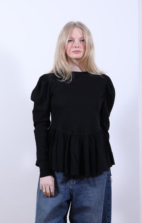 Ribbed Puff Sleeve Pullover Tee Black