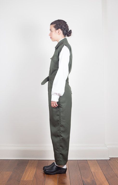 Cut-Off Sleeve Jumpsuit Wool Twill Olive