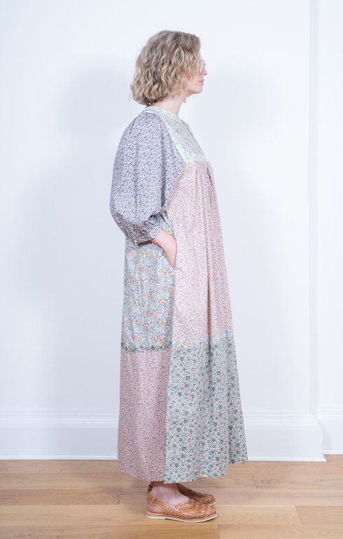Puff Sleeve Long Dress Flower Beige