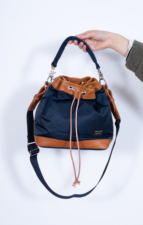 String Drawstring Bag Small Navy Nylon & Leather