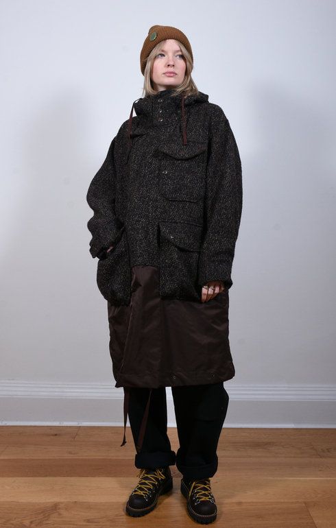 Dark Brown Polyester Wool Tweed Parka
